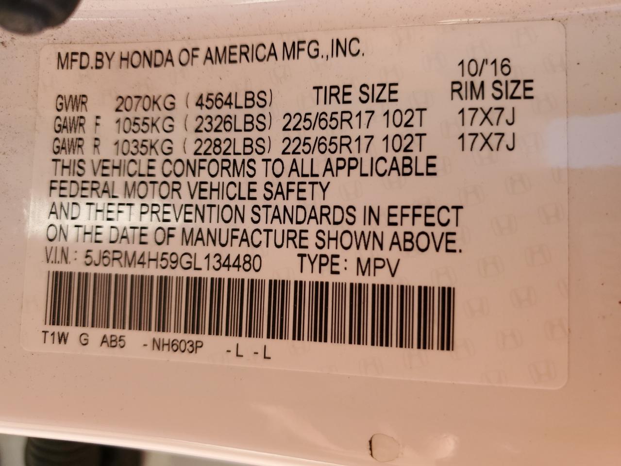 2016 Honda Cr-V Ex VIN: 5J6RM4H59GL134480 Lot: 67257414