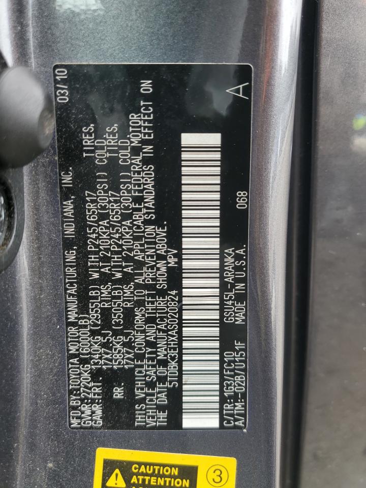 2010 Toyota Highlander VIN: 5TDBK3EHXAS020824 Lot: 66227554