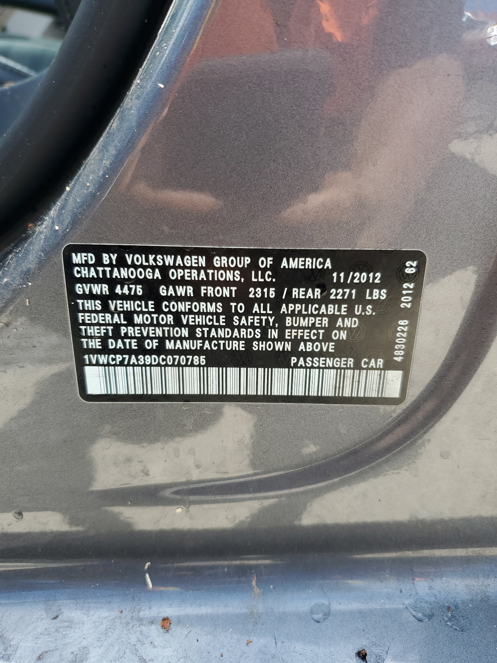 1VWCP7A39DC070785 2013 Volkswagen Passat Sel