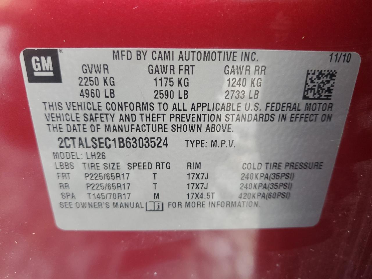 2011 GMC Terrain Sle VIN: 2CTALSEC1B6303524 Lot: 67450924