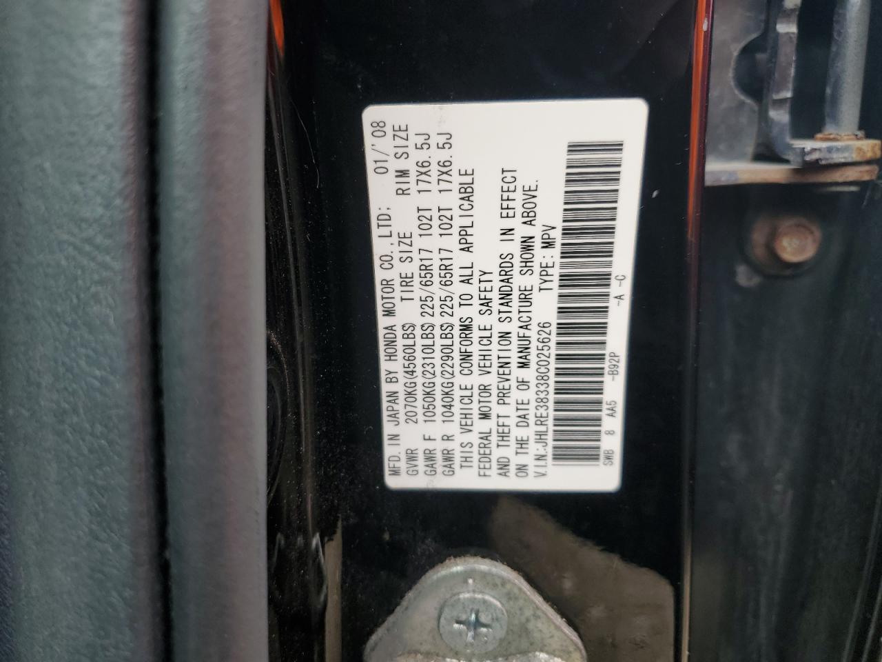 2008 Honda Cr-V Lx VIN: JHLRE38338C025626 Lot: 69042064