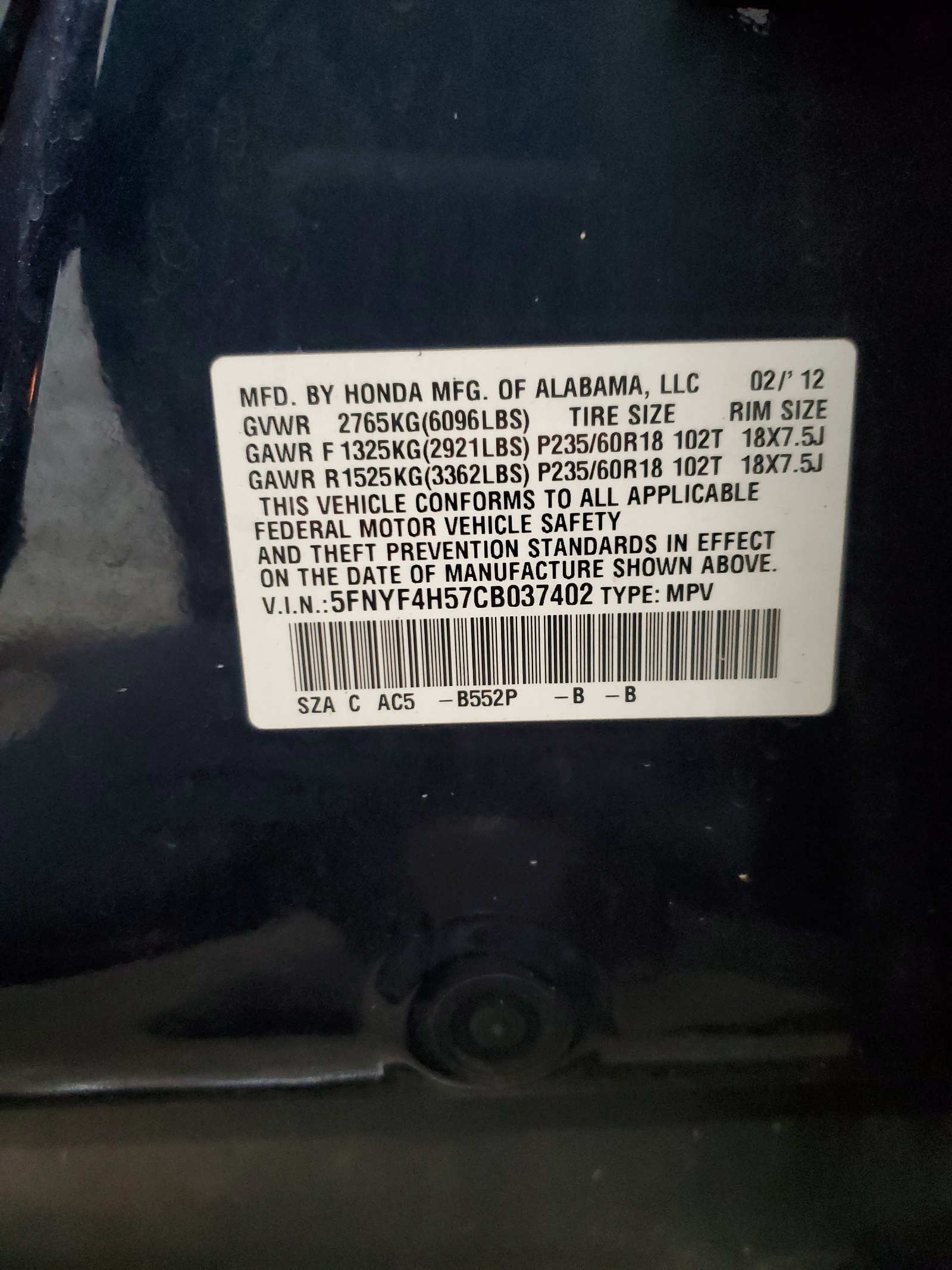 5FNYF4H57CB037402 2012 Honda Pilot Exl
