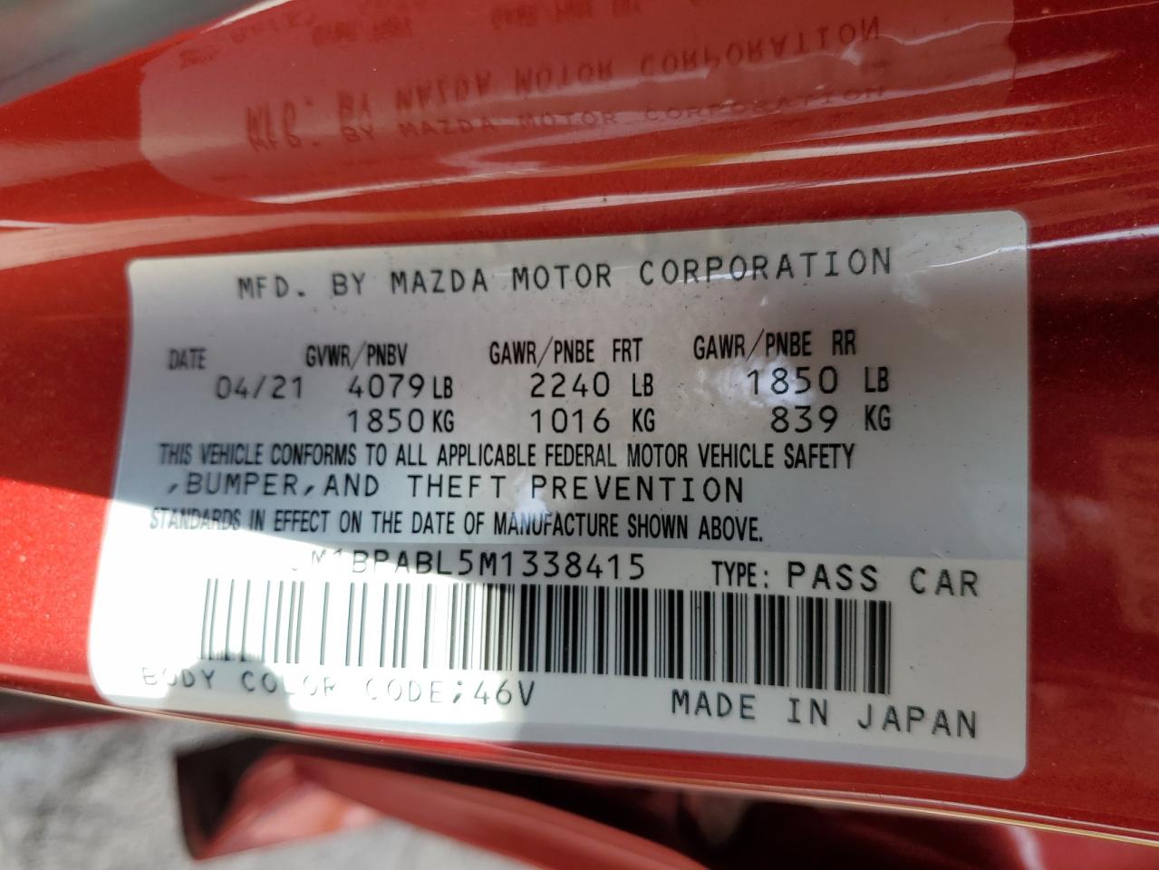 JM1BPABL5M1338415 2021 Mazda 3 Select