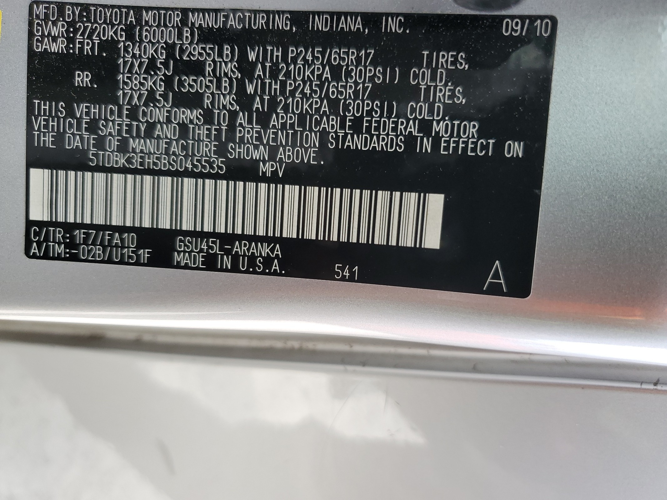 5TDBK3EH5BS045535 2011 Toyota Highlander Base