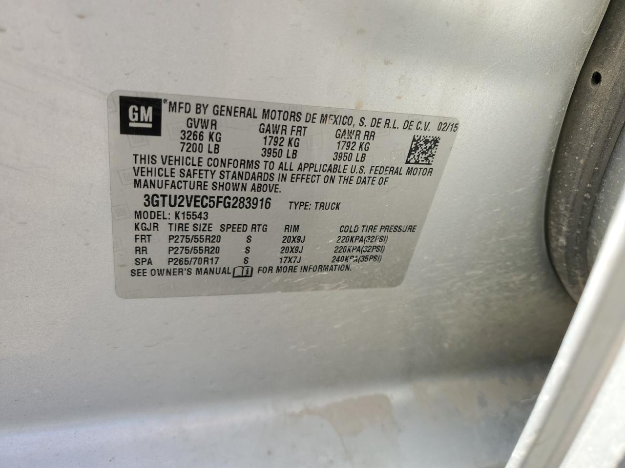 3GTU2VEC5FG283916 2015 GMC Sierra K1500 Slt