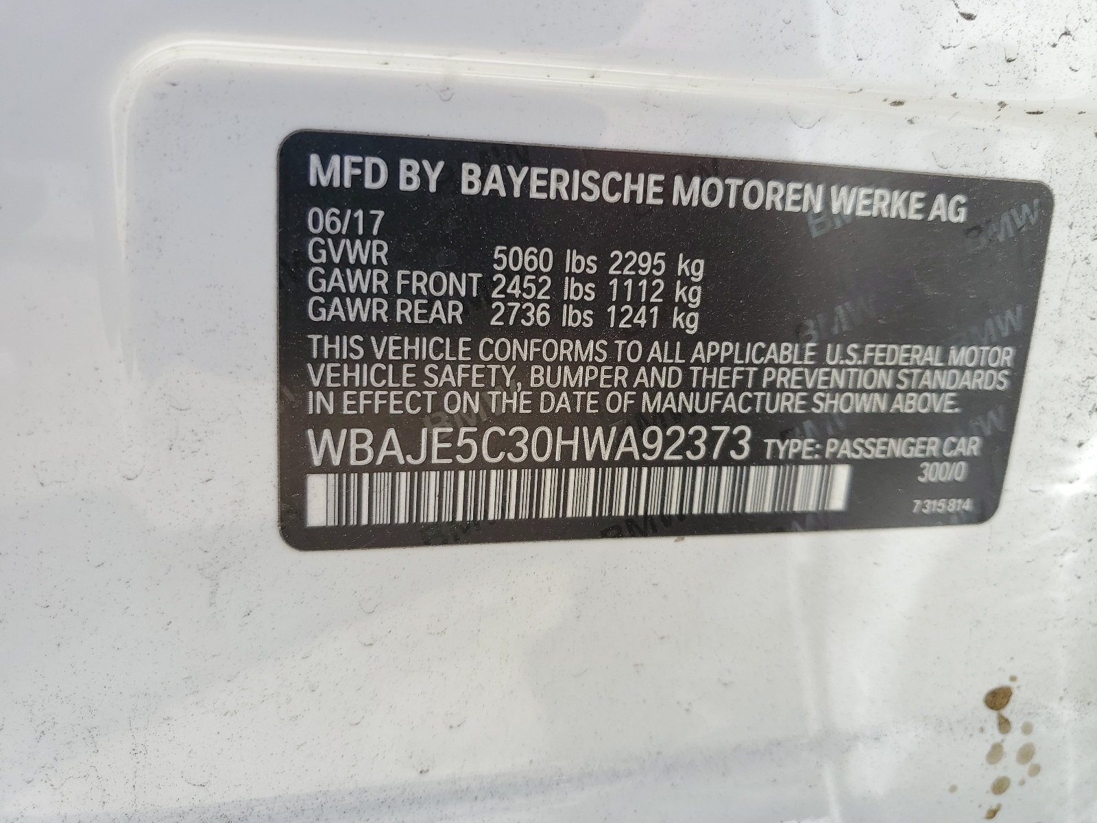 WBAJE5C30HWA92373 2017 BMW 540 I