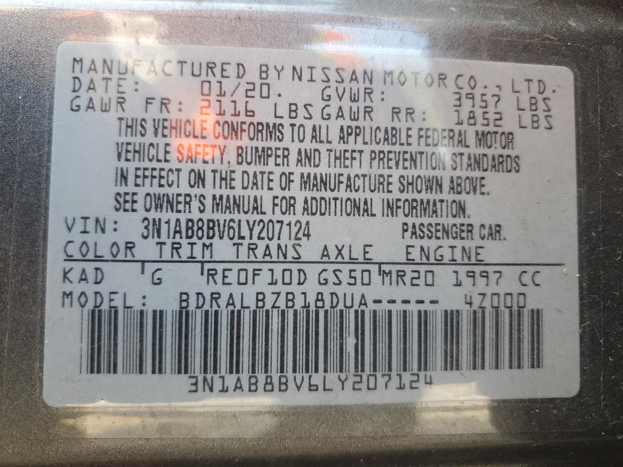 2020 Nissan Sentra S VIN: 3N1AB8BV6LY207124 Lot: 67739194