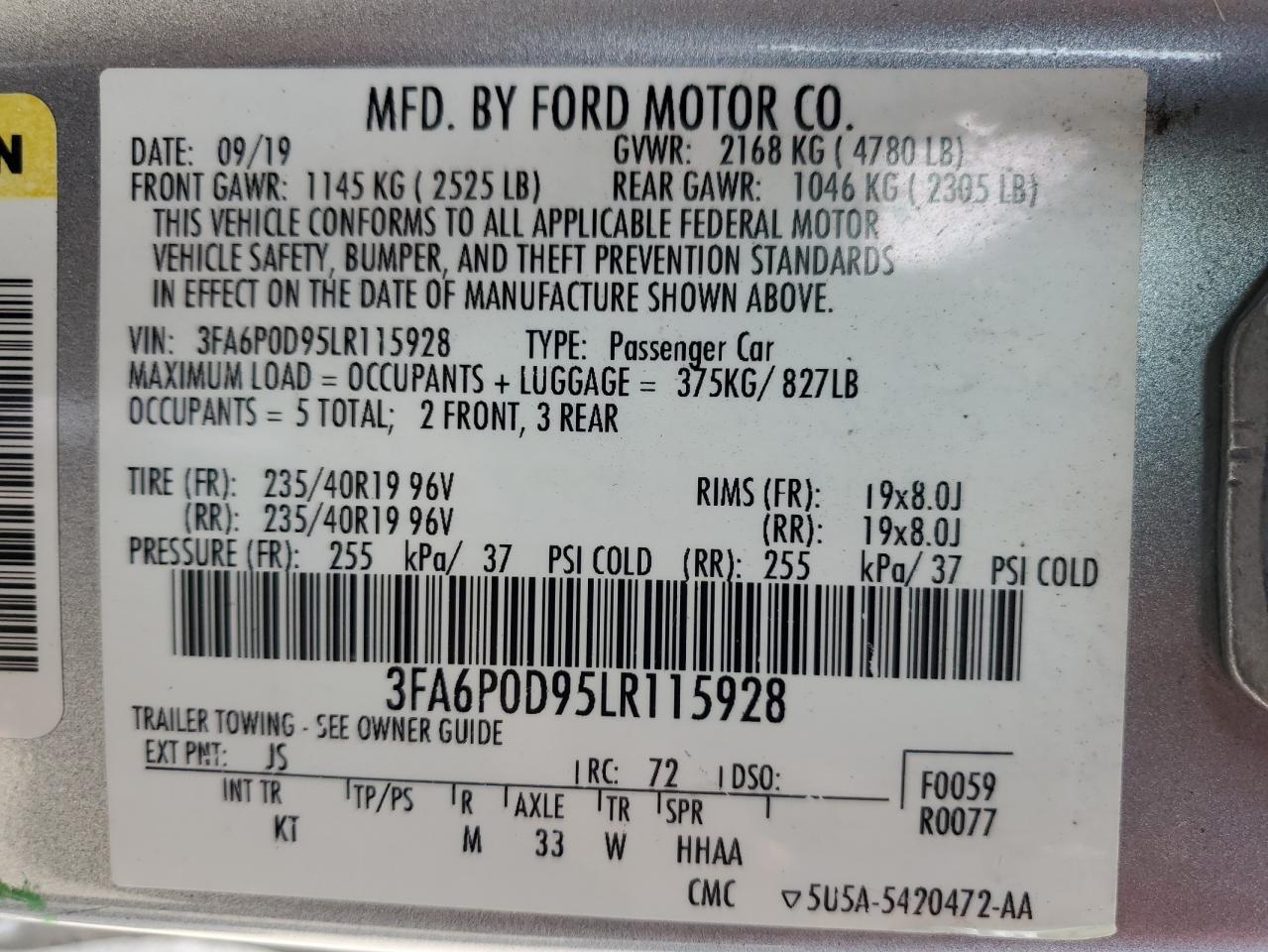 3FA6P0D95LR115928 2020 Ford Fusion Titanium