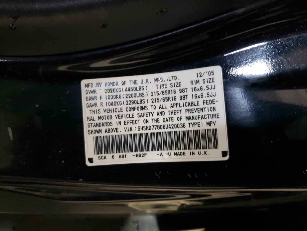 2006 Honda Cr-V Ex VIN: SHSRD77806U420036 Lot: 66490624