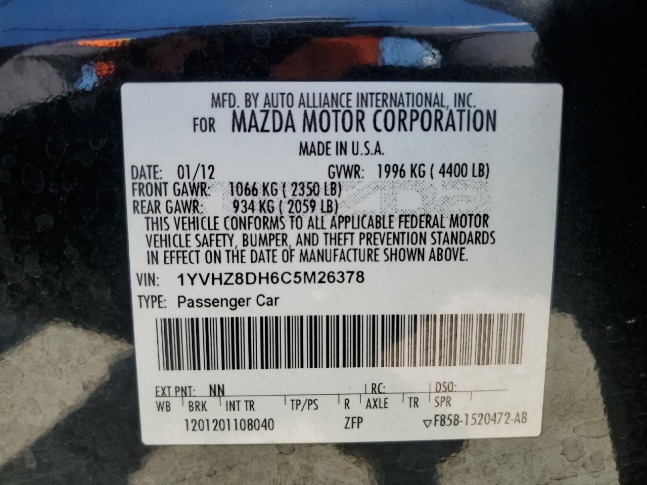 1YVHZ8DH6C5M26378 2012 Mazda 6 I