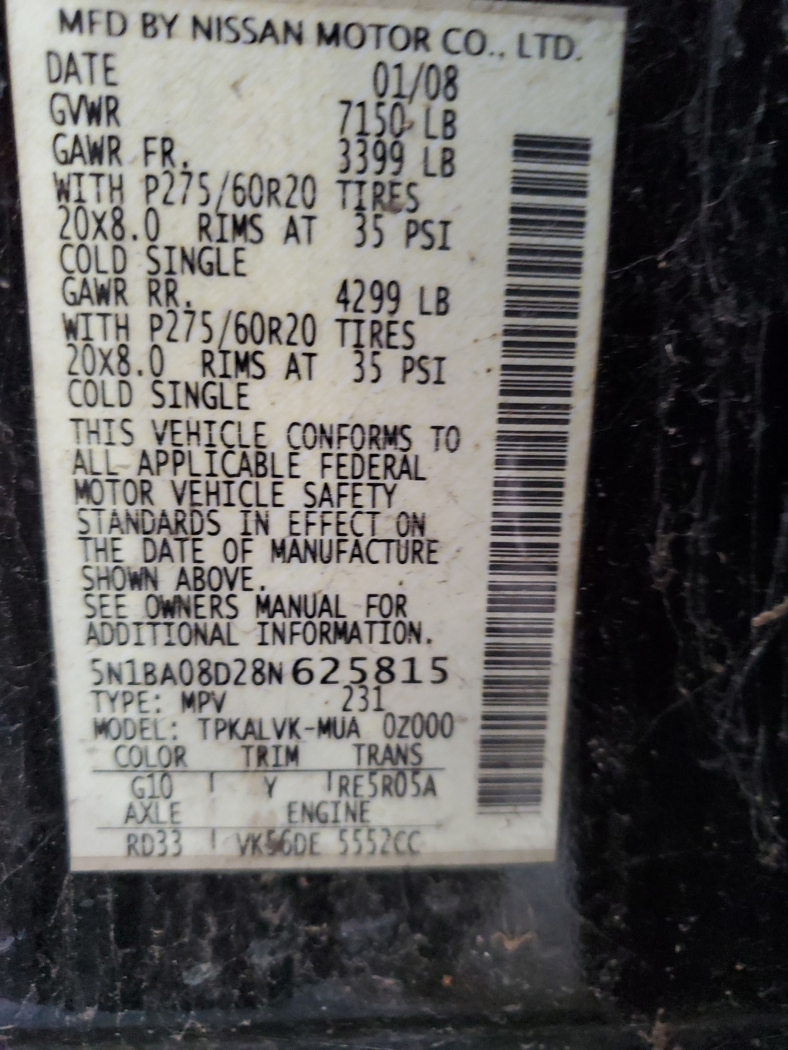 5N1BA08D28N625815 2008 Nissan Armada Se