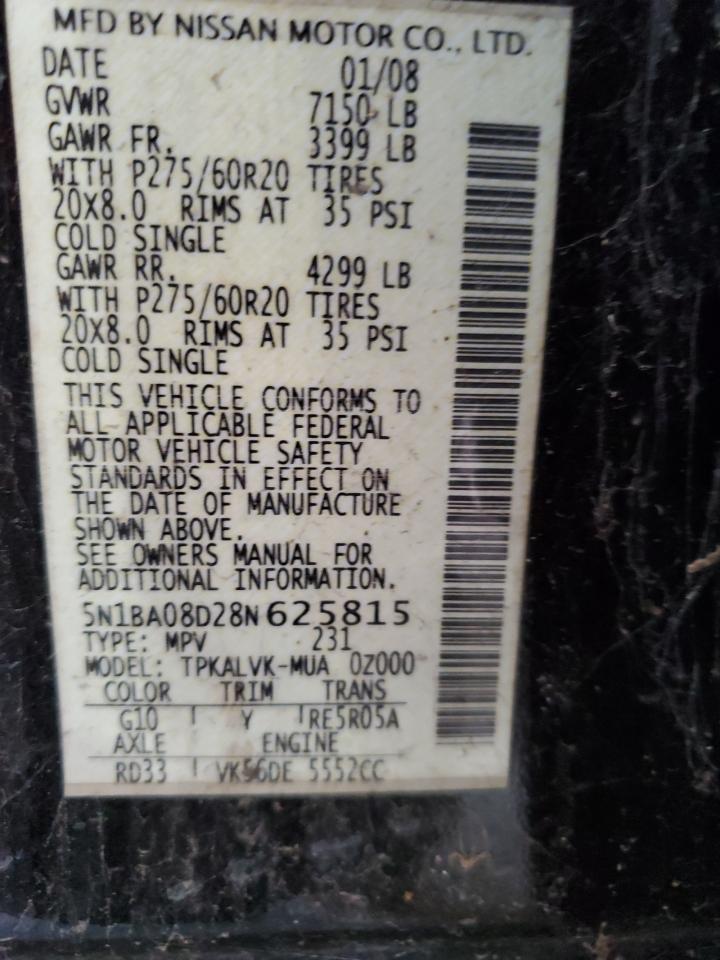 2008 Nissan Armada Se VIN: 5N1BA08D28N625815 Lot: 66598804