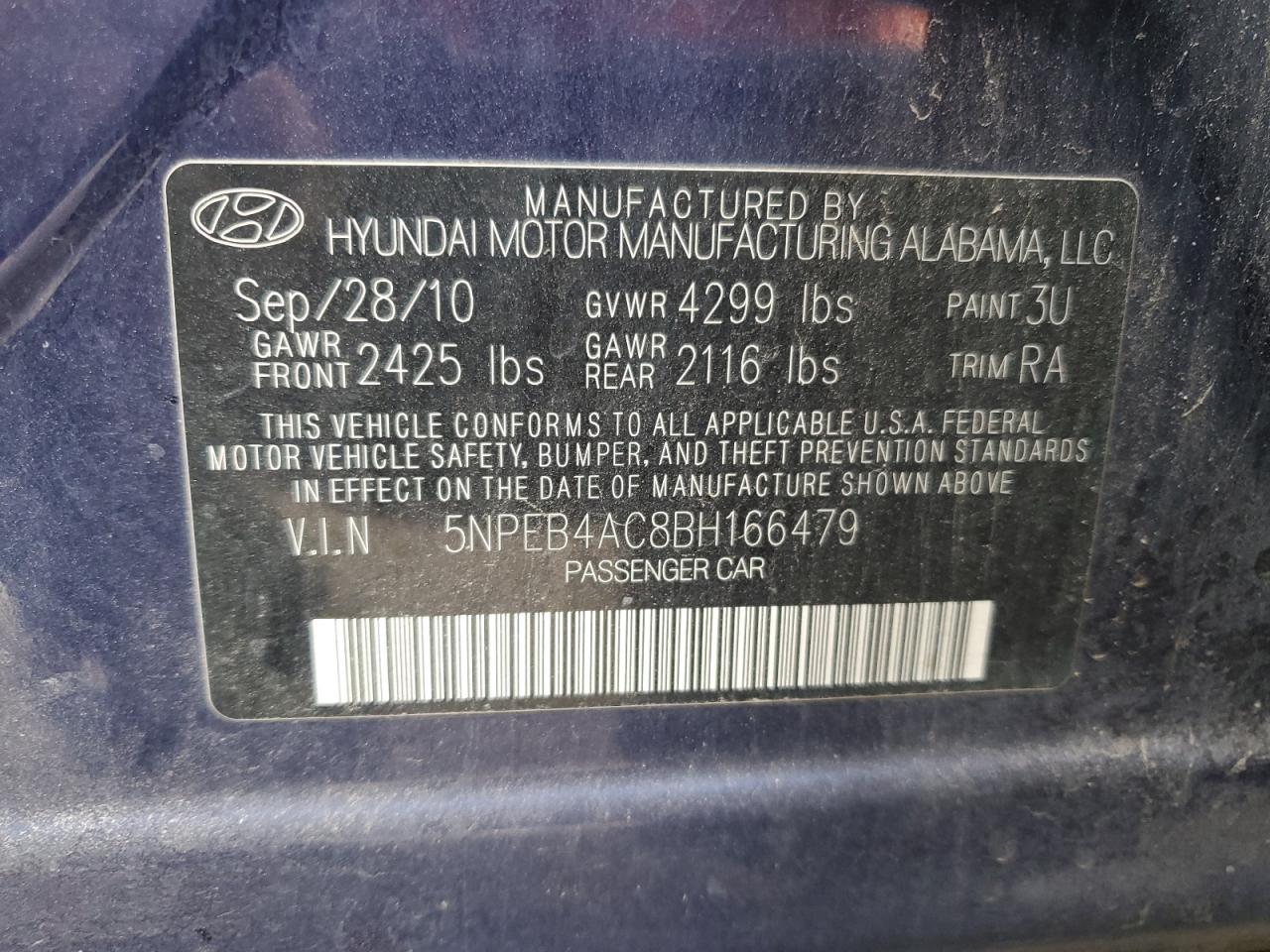 5NPEB4AC8BH166479 2011 Hyundai Sonata Gls