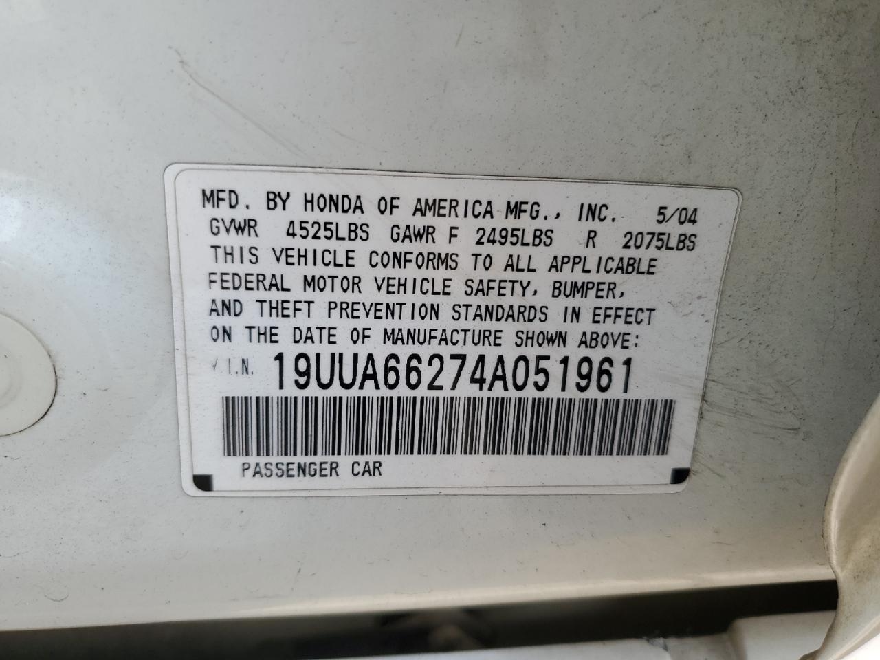 2004 Acura Tl VIN: 19UUA66274A051961 Lot: 67188524