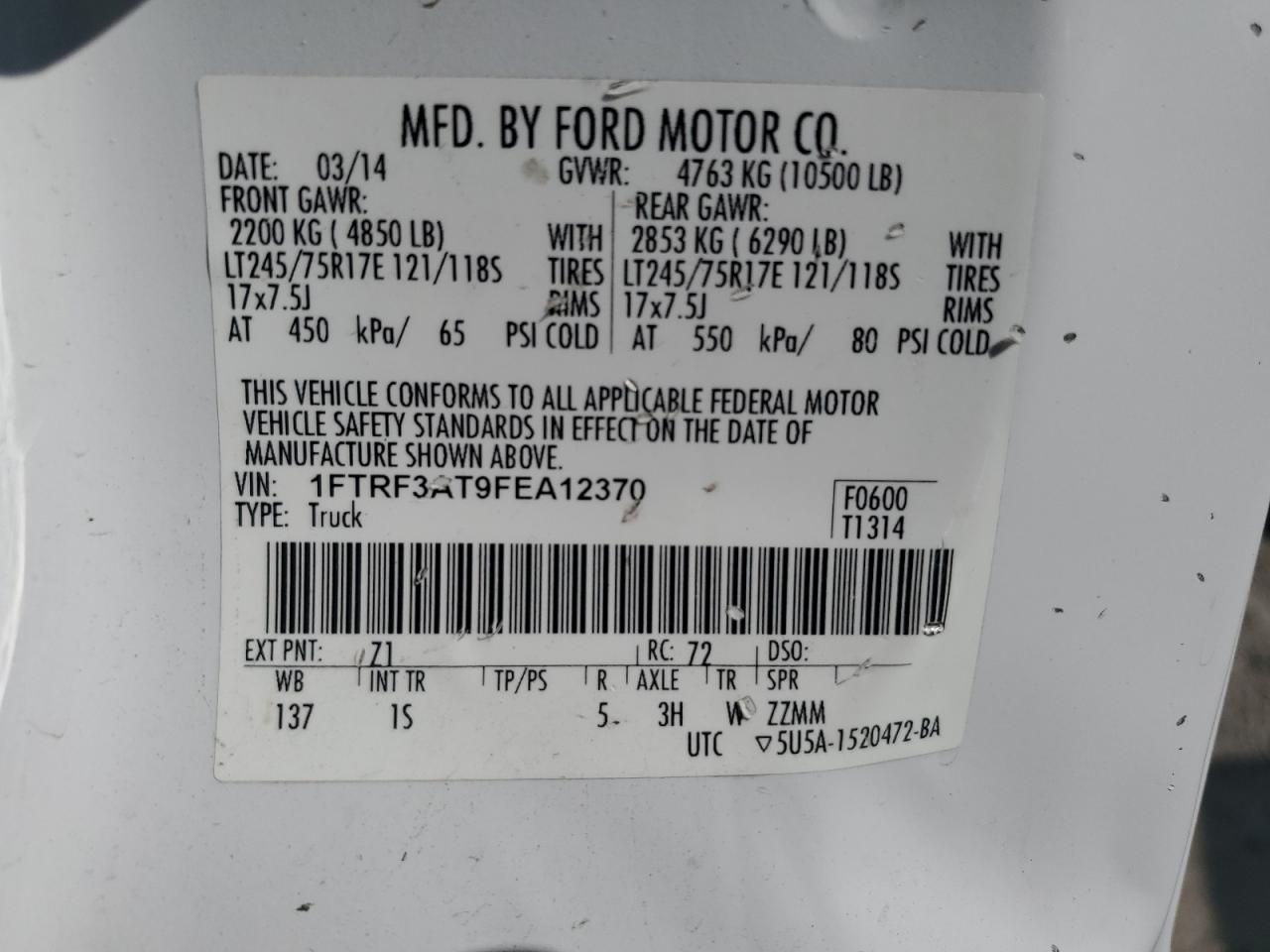 2015 Ford F350 Super Duty VIN: 1FTRF3AT9FEA12370 Lot: 68359824