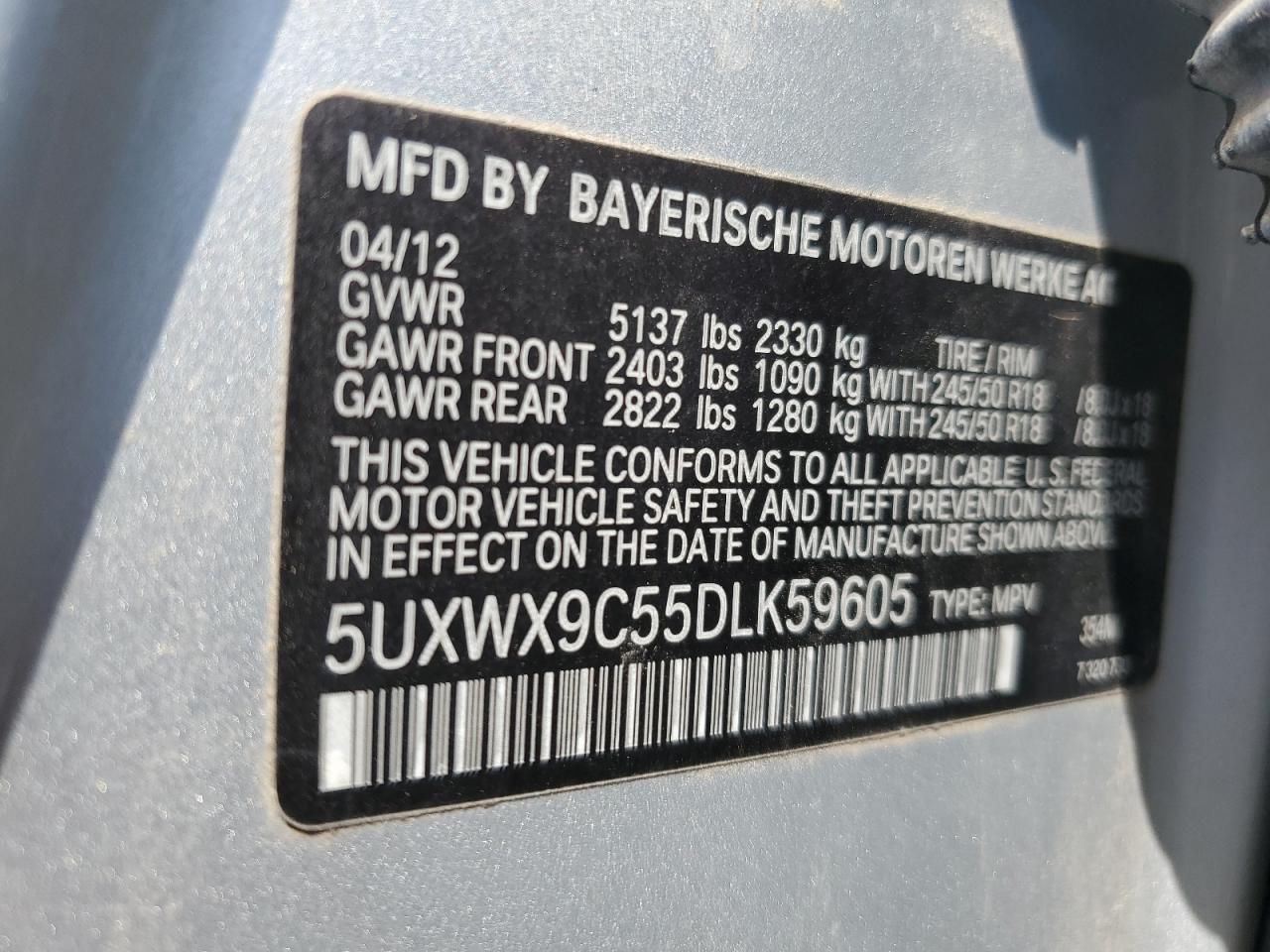 2013 BMW X3 xDrive28I VIN: 5UXWX9C55DLK59605 Lot: 68235204