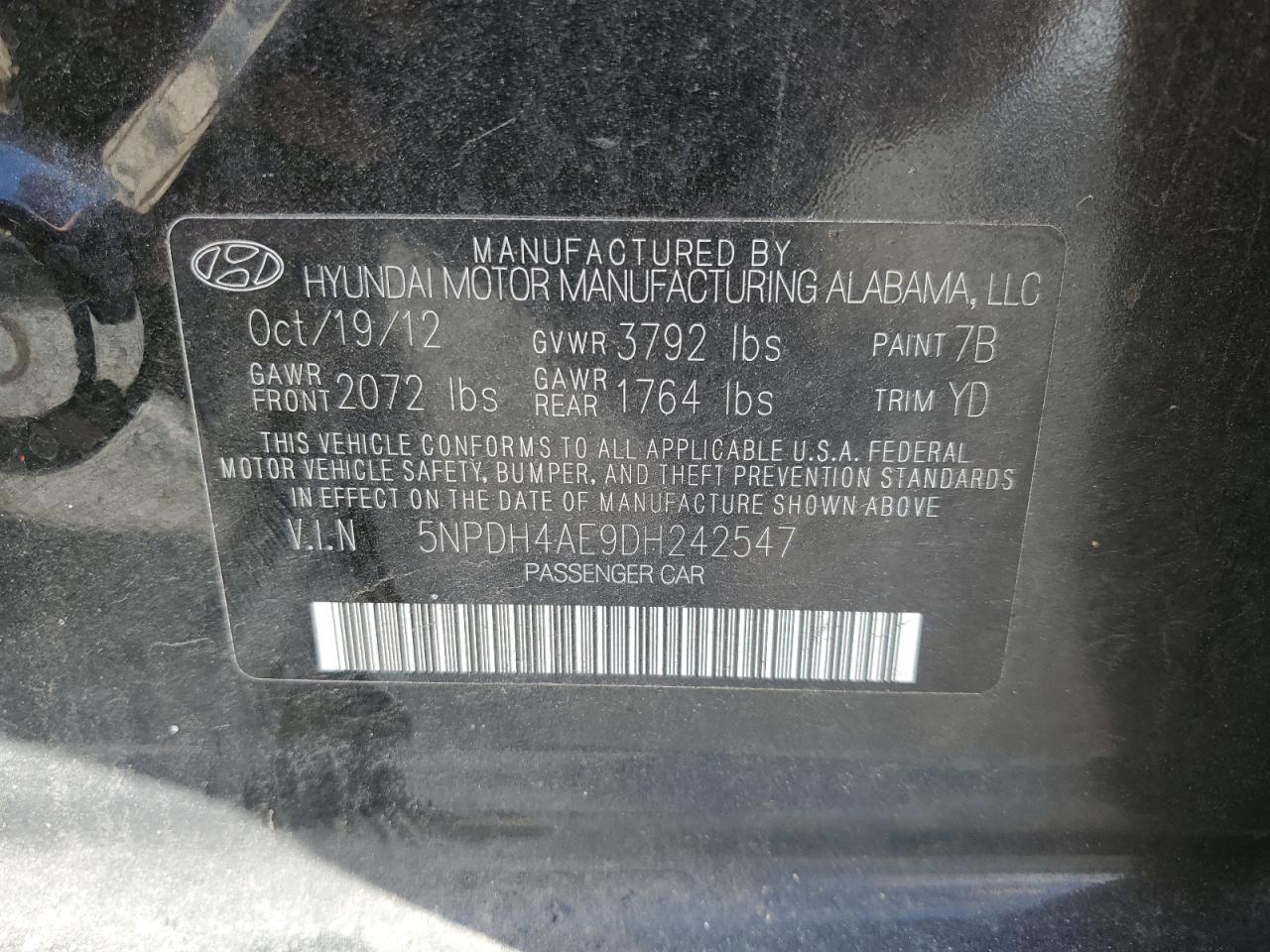 2013 Hyundai Elantra Gls VIN: 5NPDH4AE9DH242547 Lot: 66105504