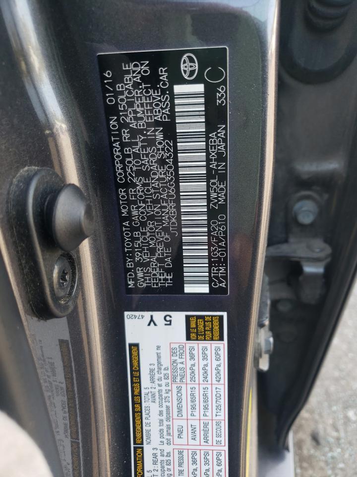 2016 Toyota Prius VIN: JTDKBRFU6G3504322 Lot: 68038544