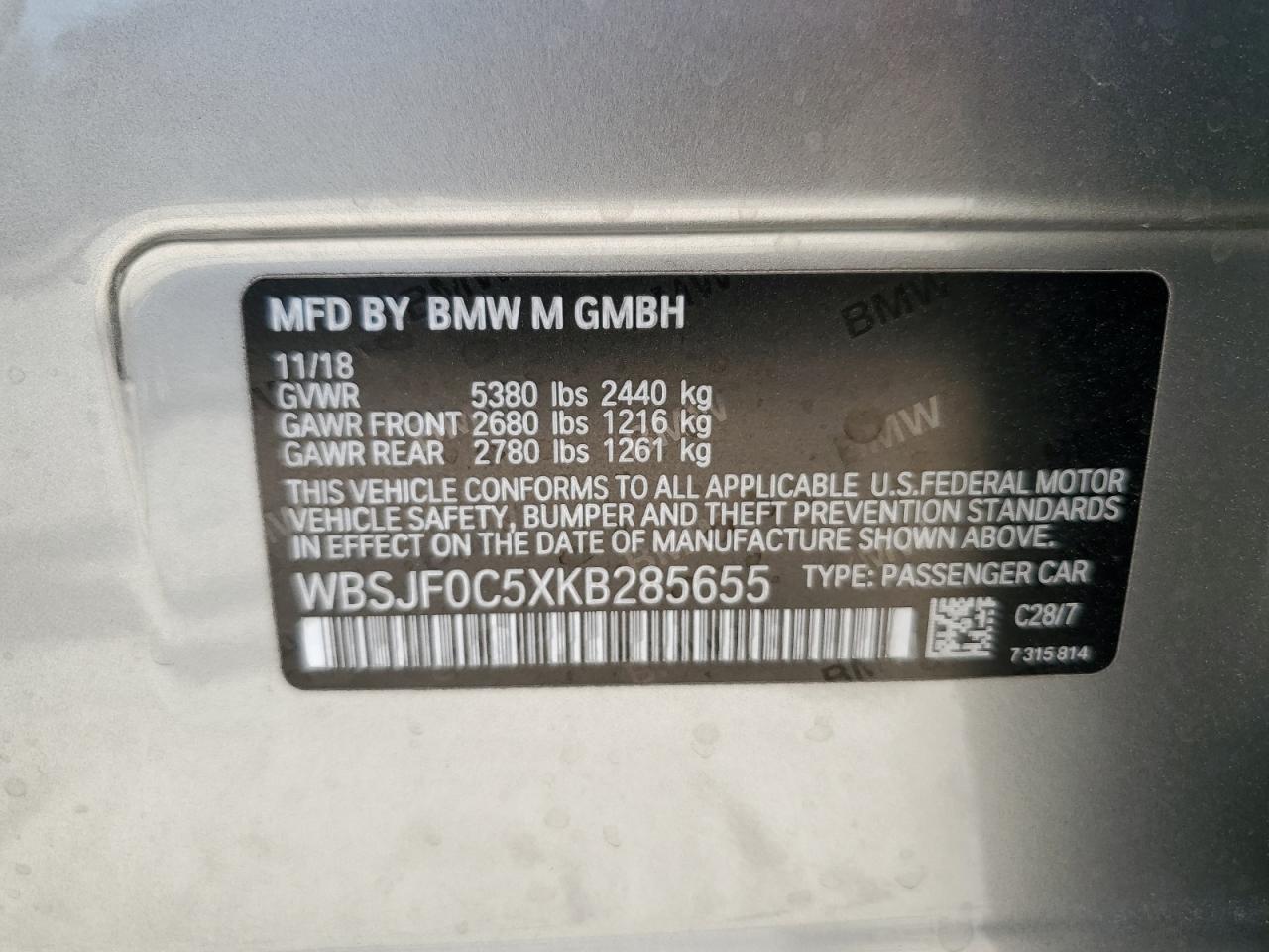 WBSJF0C5XKB285655 2019 BMW M5