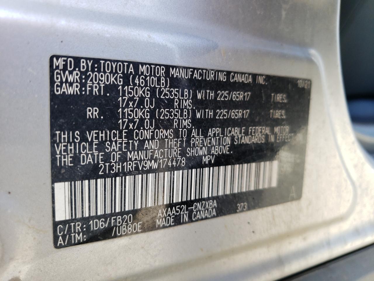 2T3H1RFV9MW174478 2021 Toyota Rav4 Le