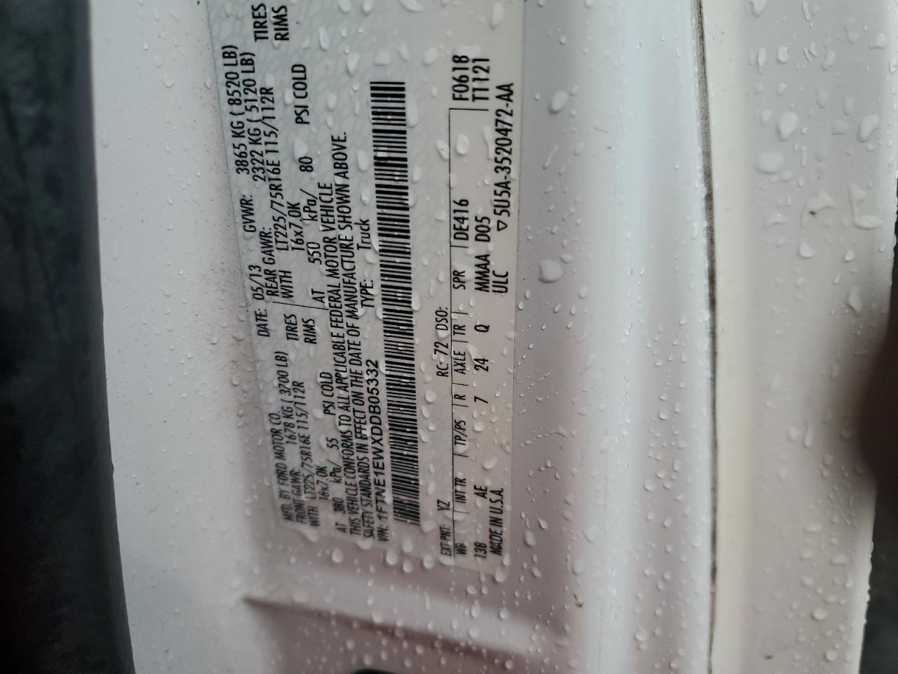 2013 Ford Econoline E150 Van VIN: 1FTNE1EWXDDB05332 Lot: 65921104