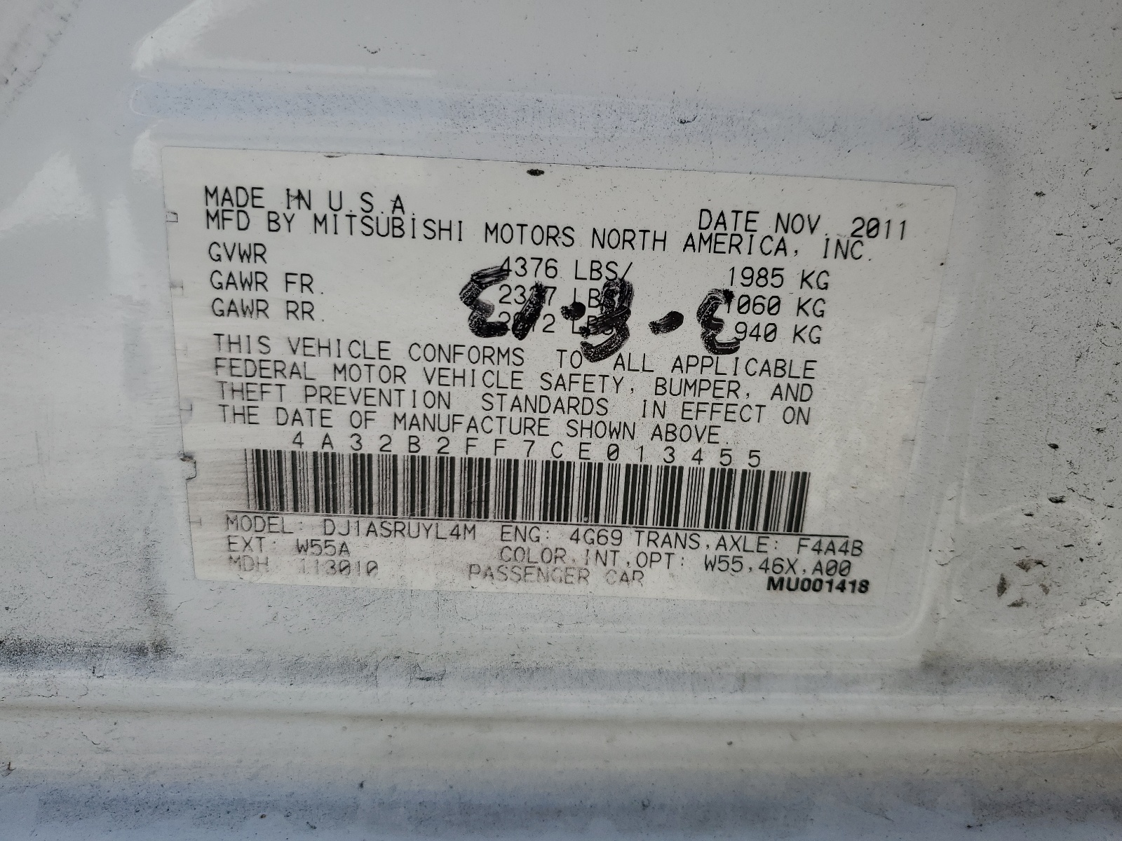 4A32B2FF7CE013455 2012 Mitsubishi Galant Fe