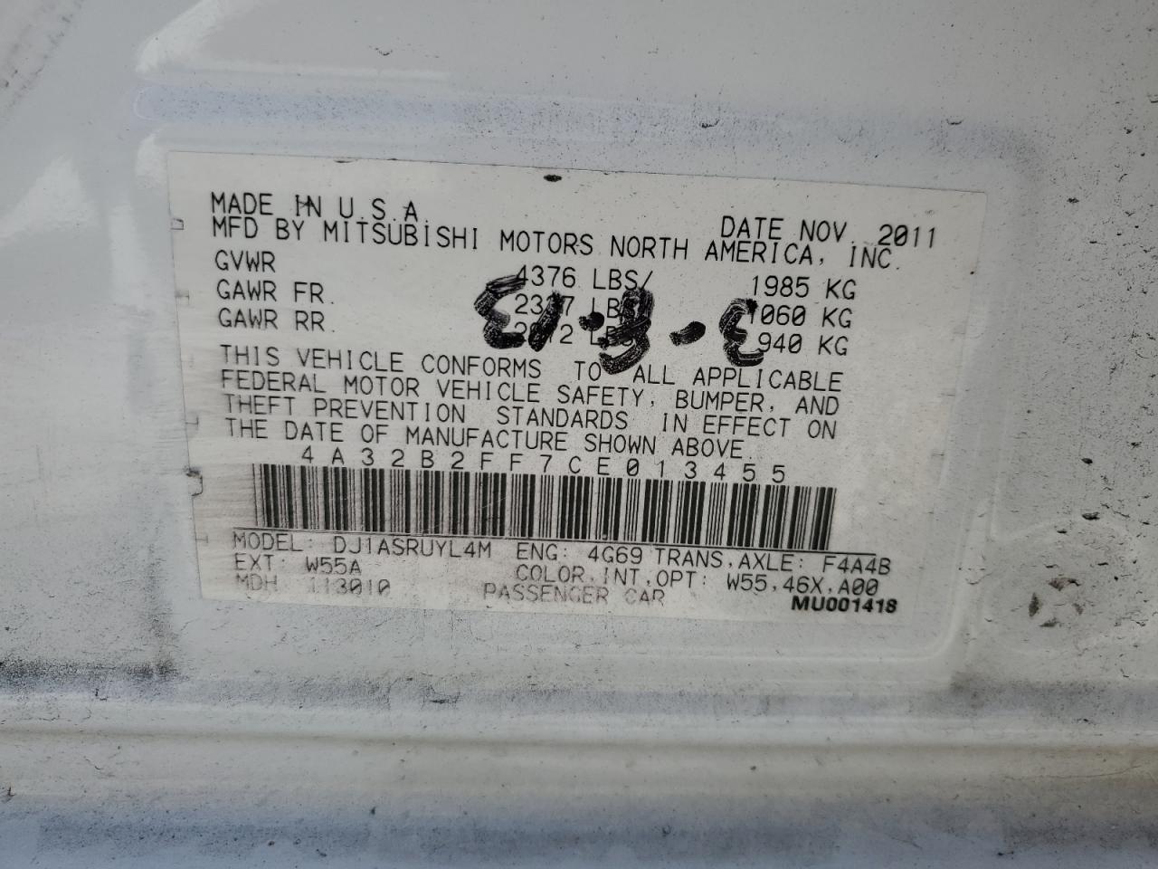 2012 Mitsubishi Galant Fe VIN: 4A32B2FF7CE013455 Lot: 67899074