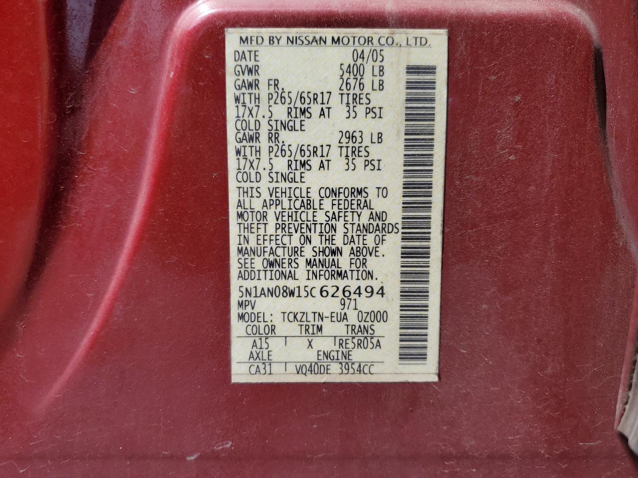 2005 Nissan Xterra Off Road VIN: 5N1AN08W15C626494 Lot: 66900734