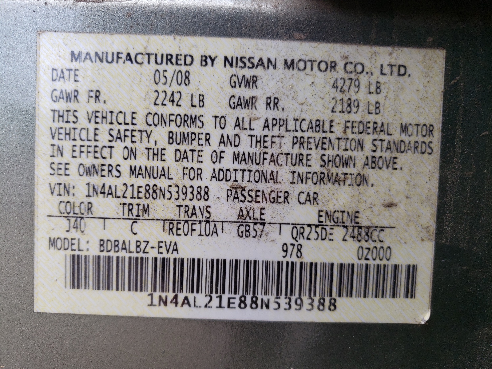 1N4AL21E88N539388 2008 Nissan Altima 2.5