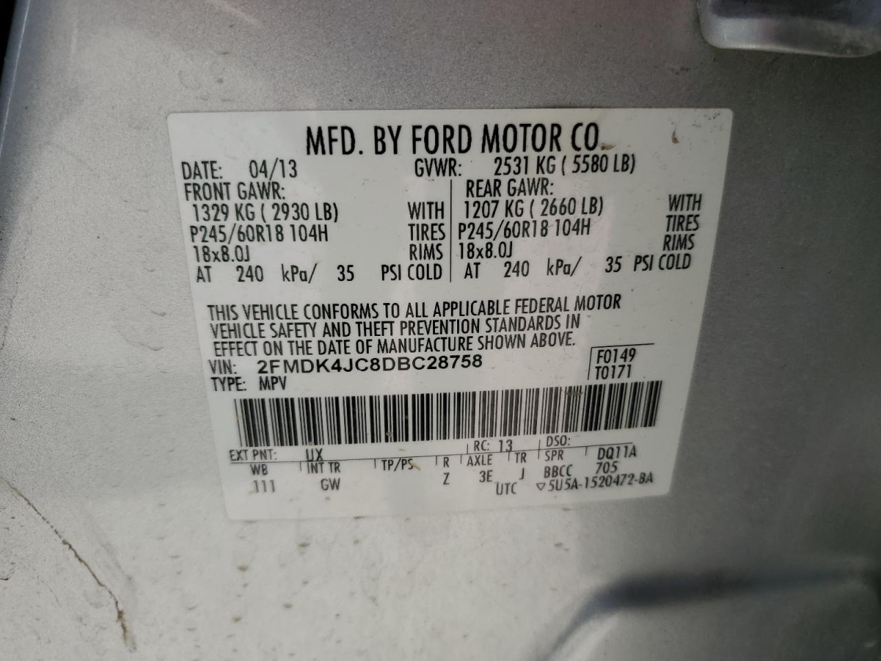 2013 Ford Edge Sel VIN: 2FMDK4JC8DBC28758 Lot: 68220744