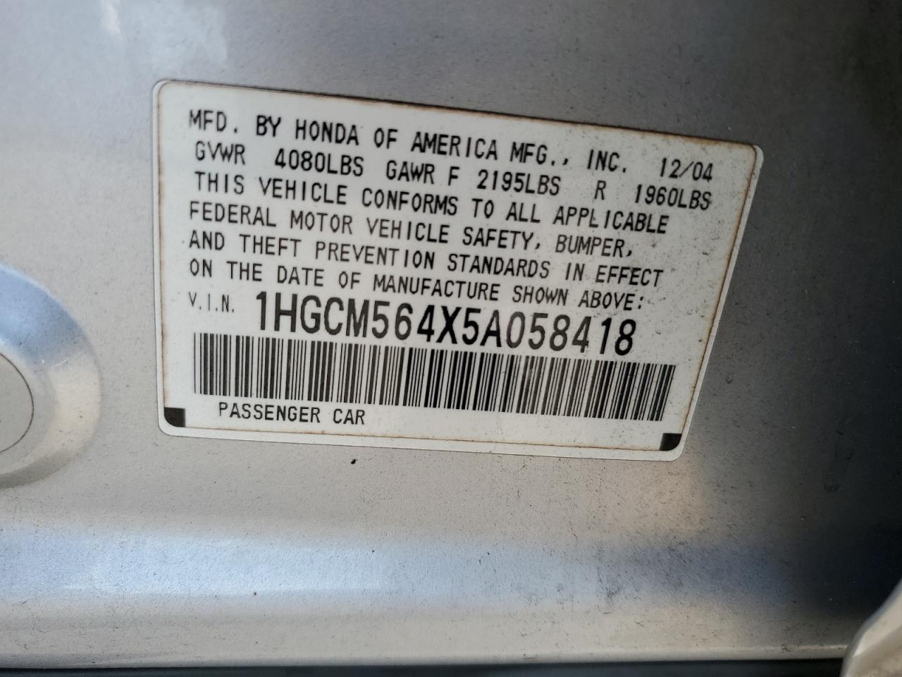 1HGCM564X5A058418 2005 Honda Accord Lx