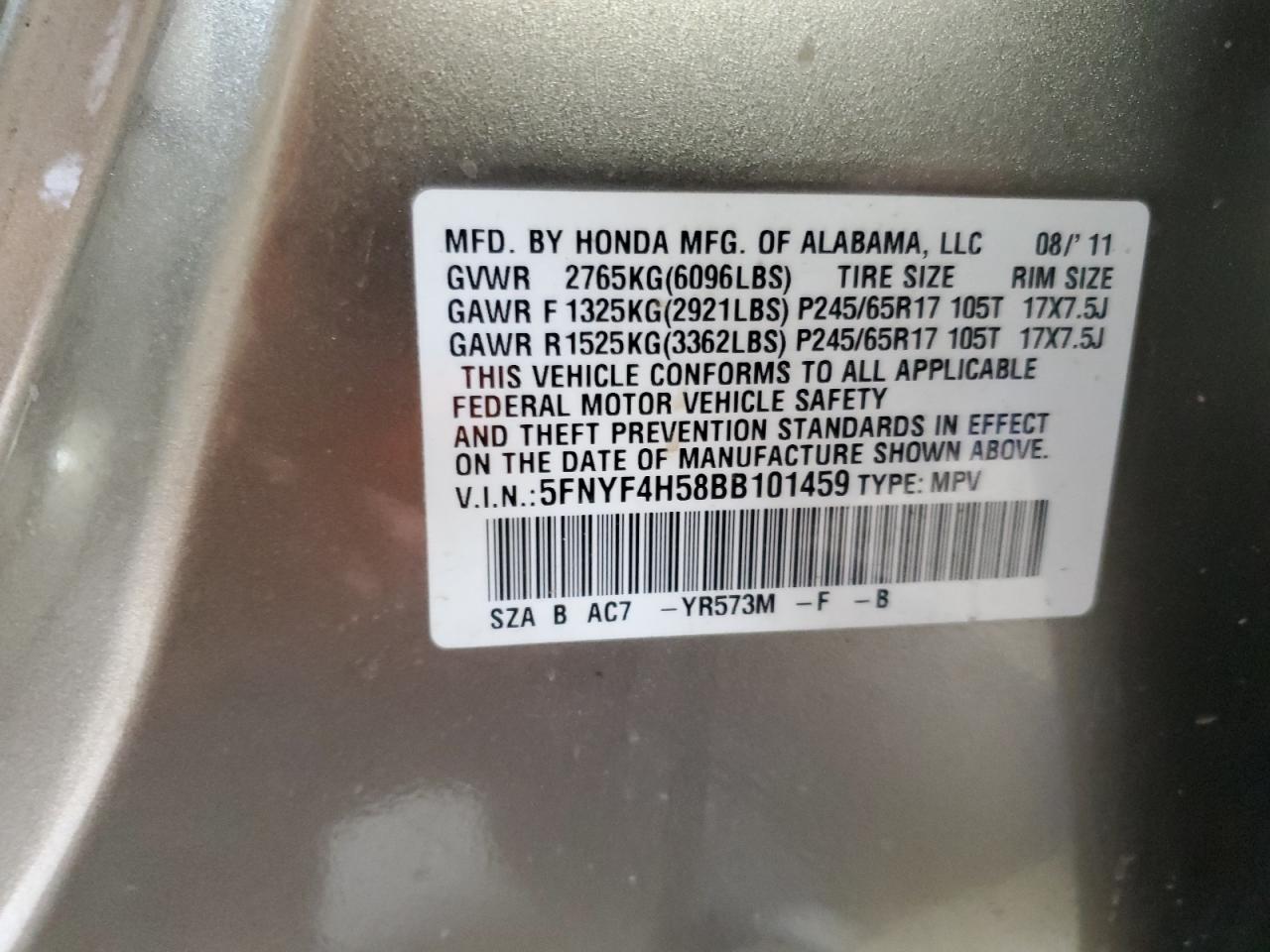 2011 Honda Pilot Exl VIN: 5FNYF4H58BB101459 Lot: 67367124