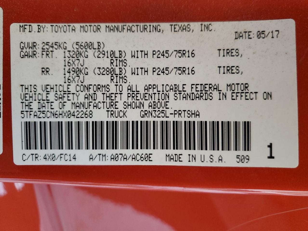 2017 Toyota Tacoma Double Cab VIN: 5TFAZ5CN6HX042268 Lot: 66344784