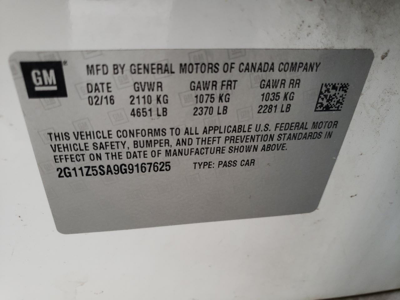 2G11Z5SA9G9167625 2016 Chevrolet Impala Ls