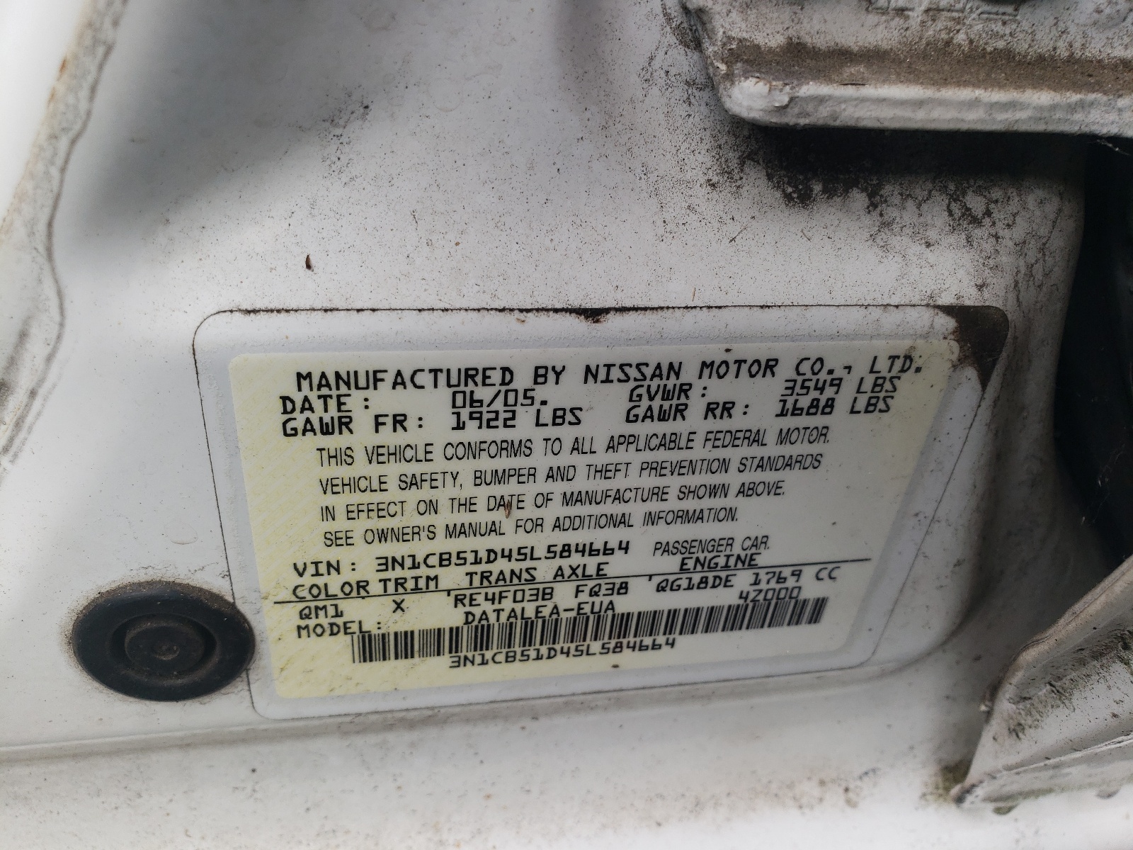 3N1CB51D45L584664 2005 Nissan Sentra 1.8