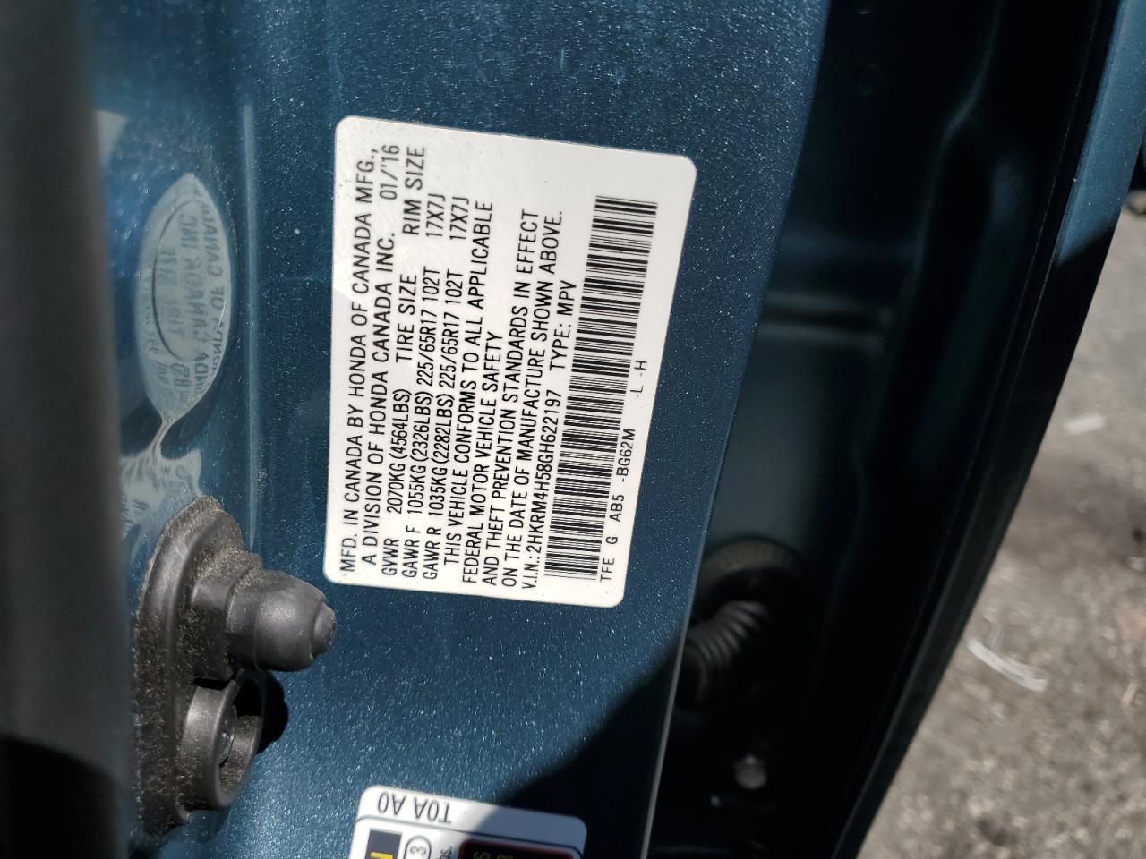 2016 Honda Cr-V Ex VIN: 2HKRM4H58GH622197 Lot: 66765354