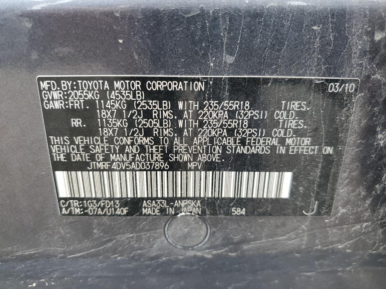 2010 Toyota Rav4 Sport VIN: JTMRF4DV5AD037896 Lot: 66122284