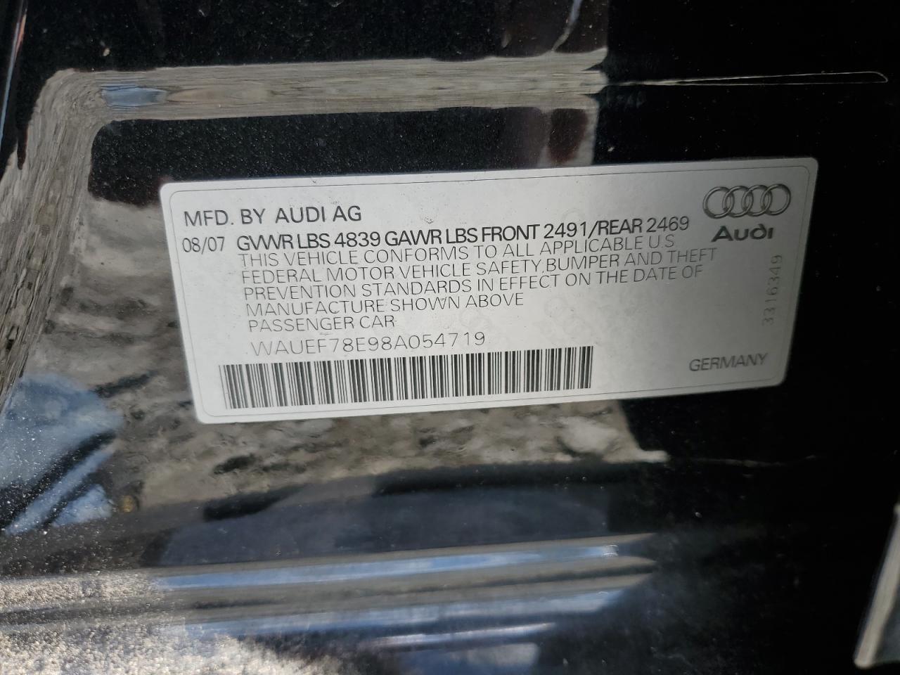 WAUEF78E98A054719 2008 Audi A4 S-Line 2.0T Quattro Turbo