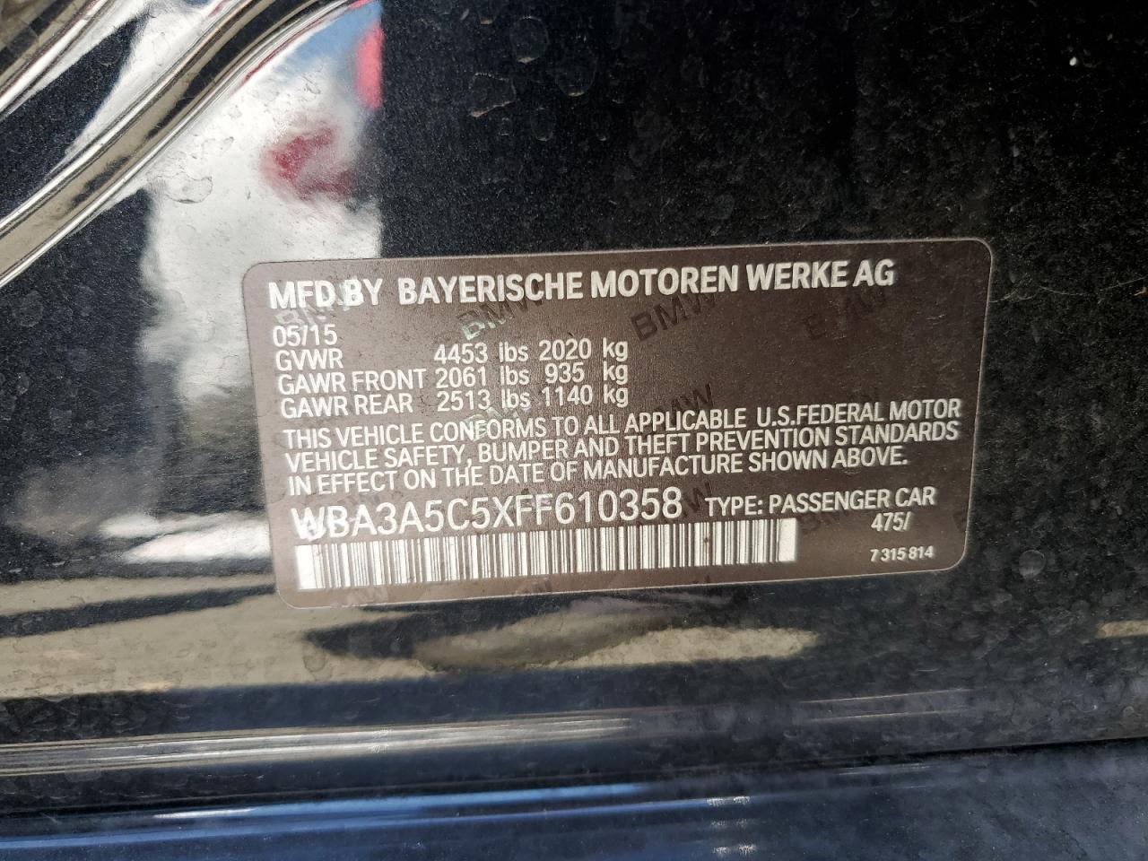 2015 BMW 328 I VIN: WBA3A5C5XFF610358 Lot: 60933364