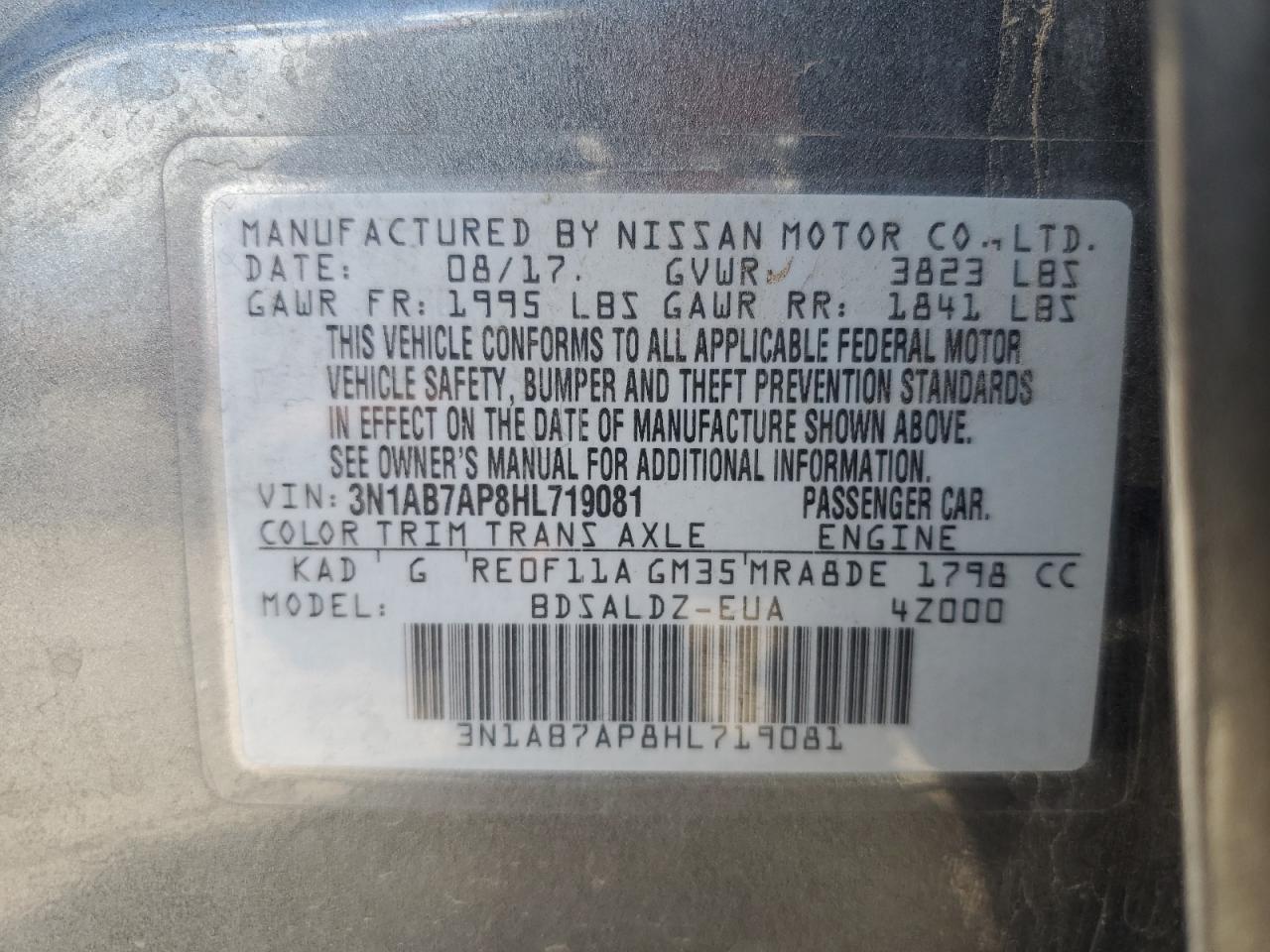 3N1AB7AP8HL719081 2017 Nissan Sentra S