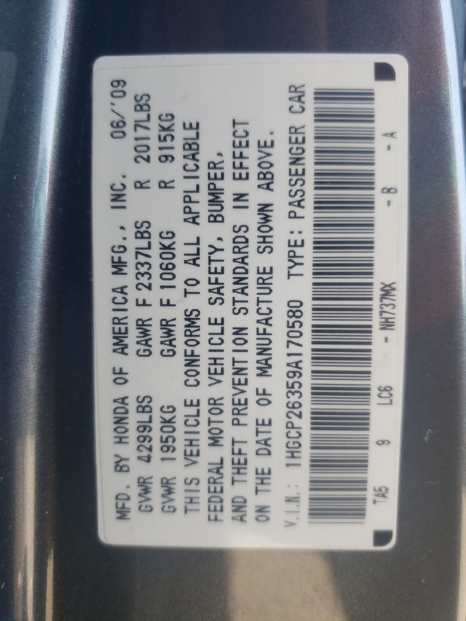 1HGCP26359A170580 2009 Honda Accord Lx