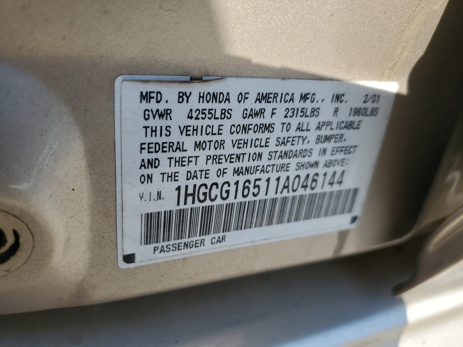 1HGCG16511A046144 2001 Honda Accord Ex