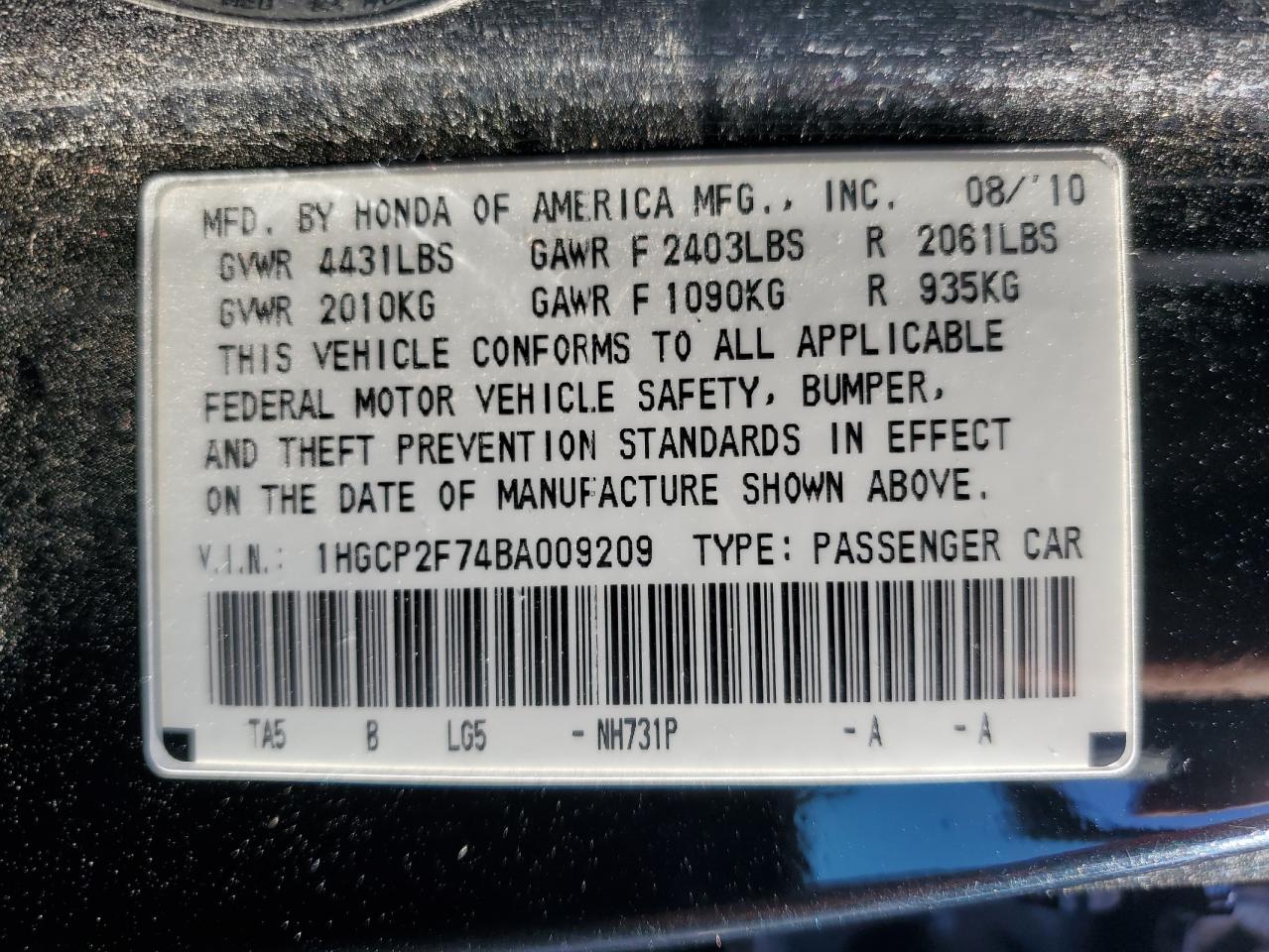 1HGCP2F74BA009209 2011 Honda Accord Ex