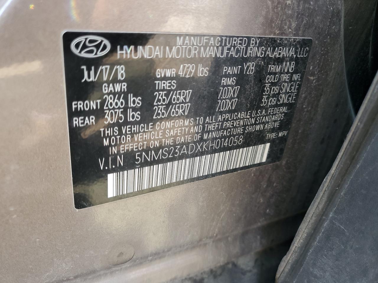 5NMS23ADXKH014058 2019 Hyundai Santa Fe Se