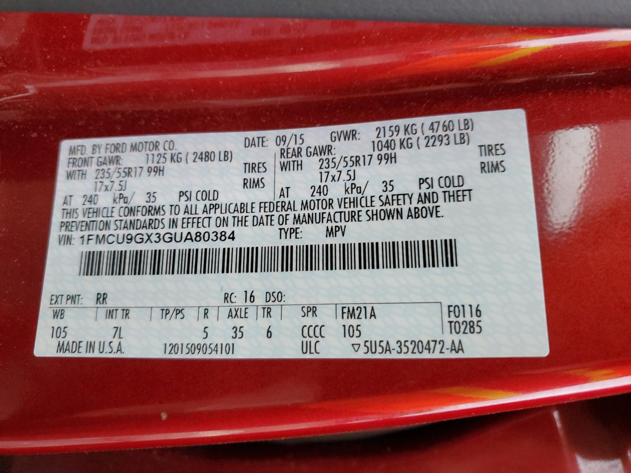 2016 Ford Escape Se VIN: 1FMCU9GX3GUA80384 Lot: 66283084