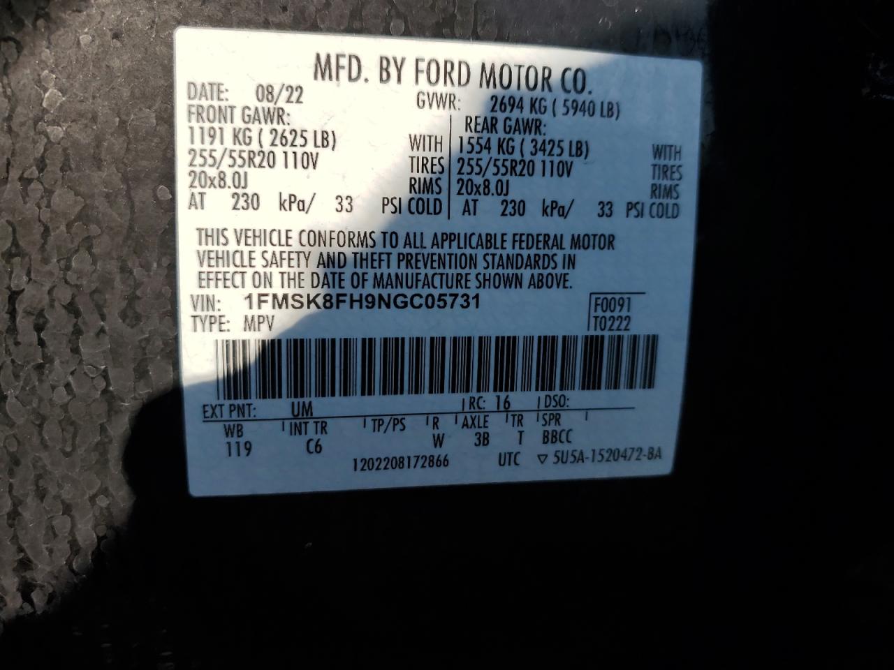 2022 Ford Explorer Limited VIN: 1FMSK8FH9NGC05731 Lot: 66962784