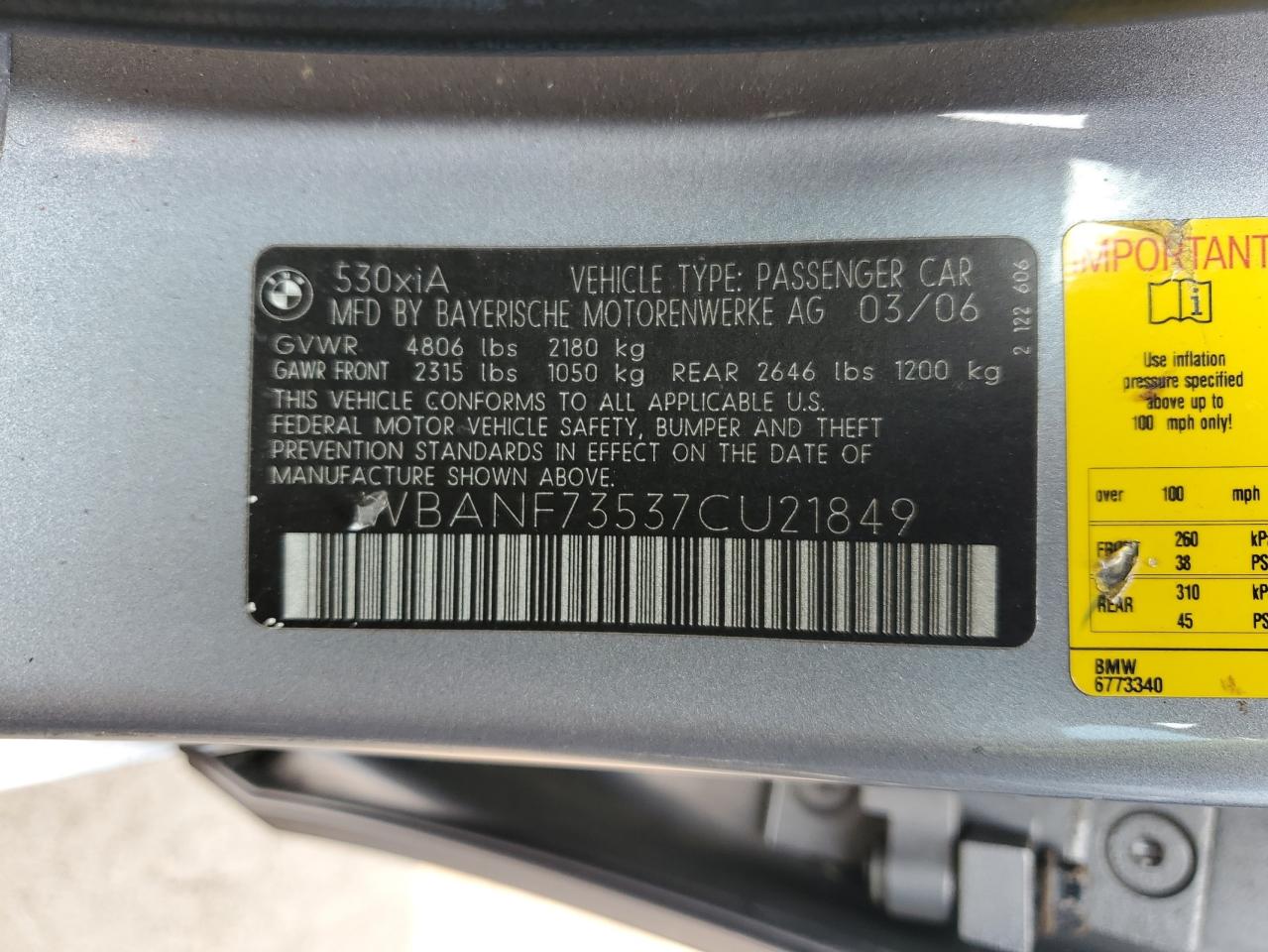 2007 BMW 530 Xi VIN: WBANF73537CU21849 Lot: 65541104