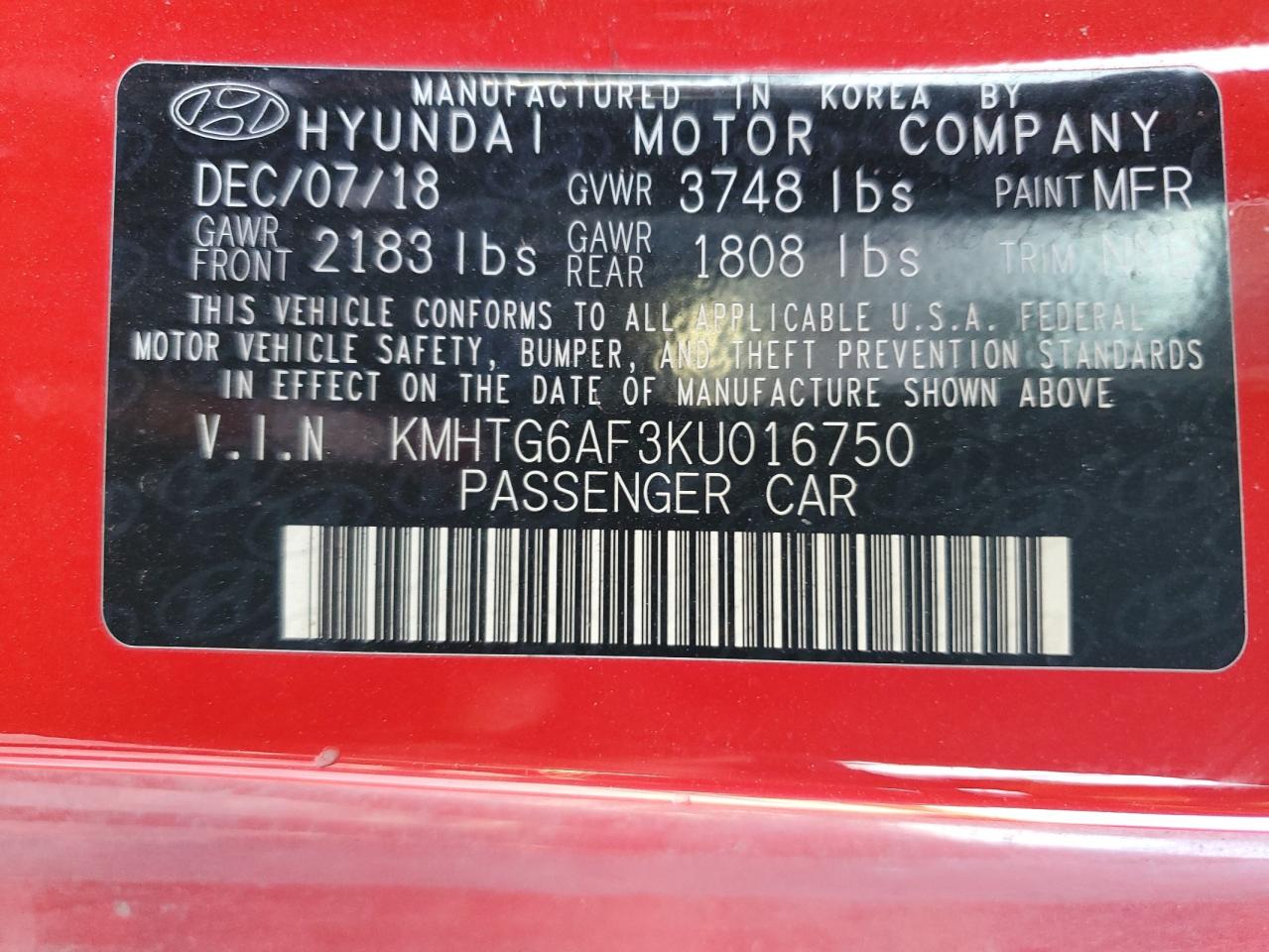 2019 Hyundai Veloster Base VIN: KMHTG6AF3KU016750 Lot: 66143434