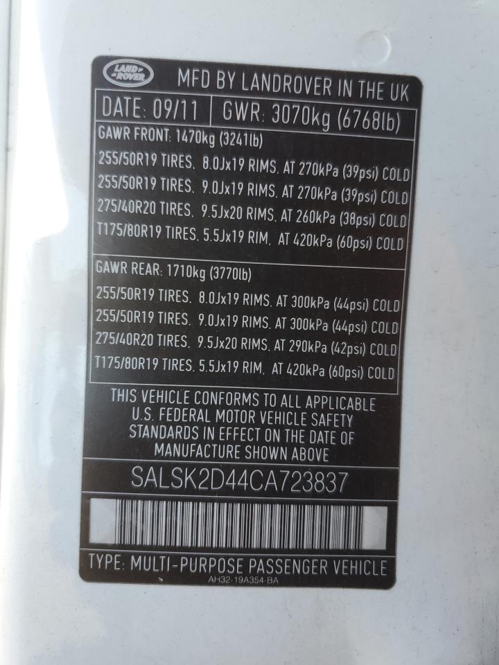 2012 Land Rover Range Rover Sport Hse Luxury VIN: SALSK2D44CA723837 Lot: 67215954