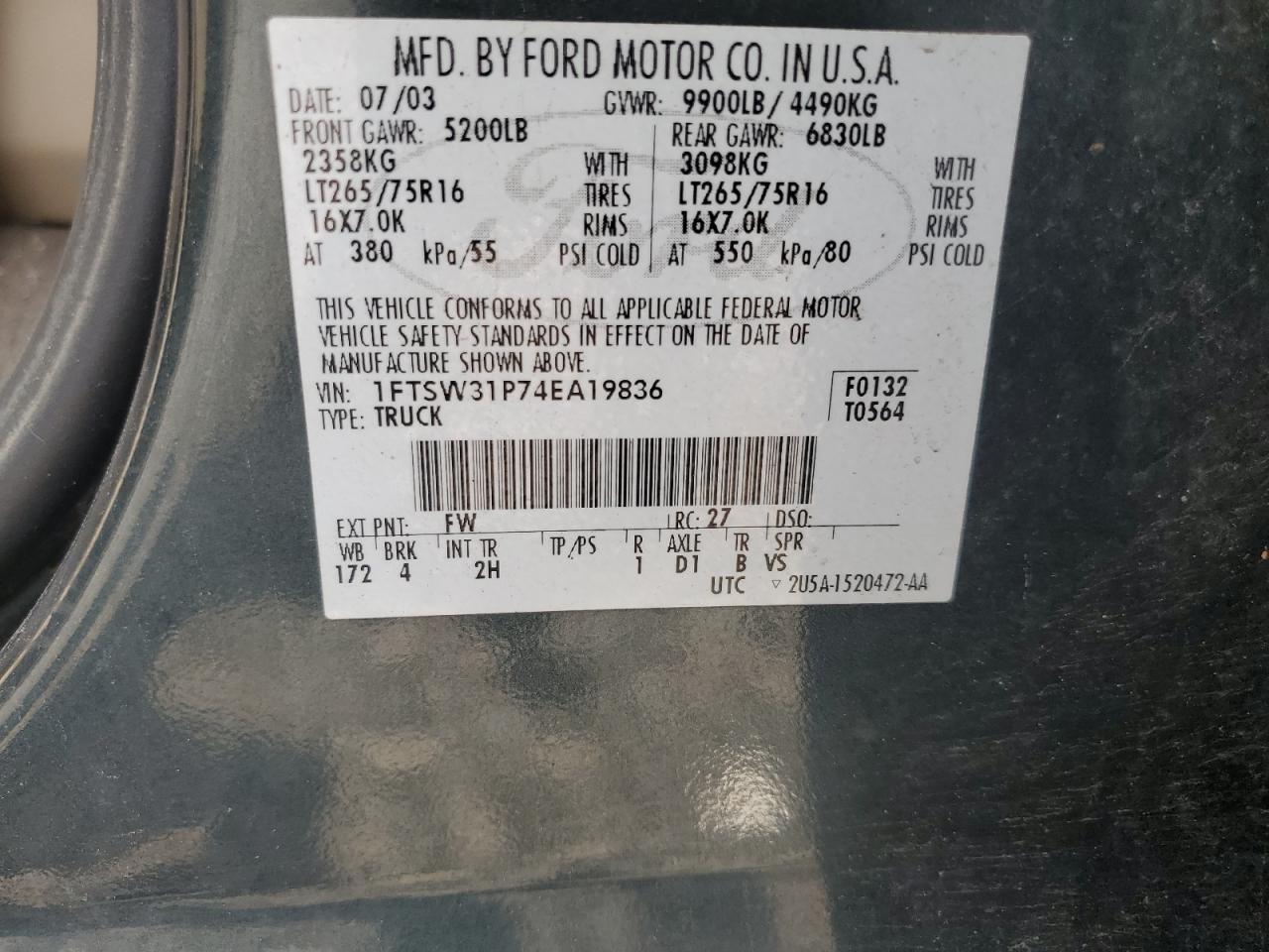 2004 Ford F350 Srw Super Duty VIN: 1FTSW31P74EA19836 Lot: 64412344